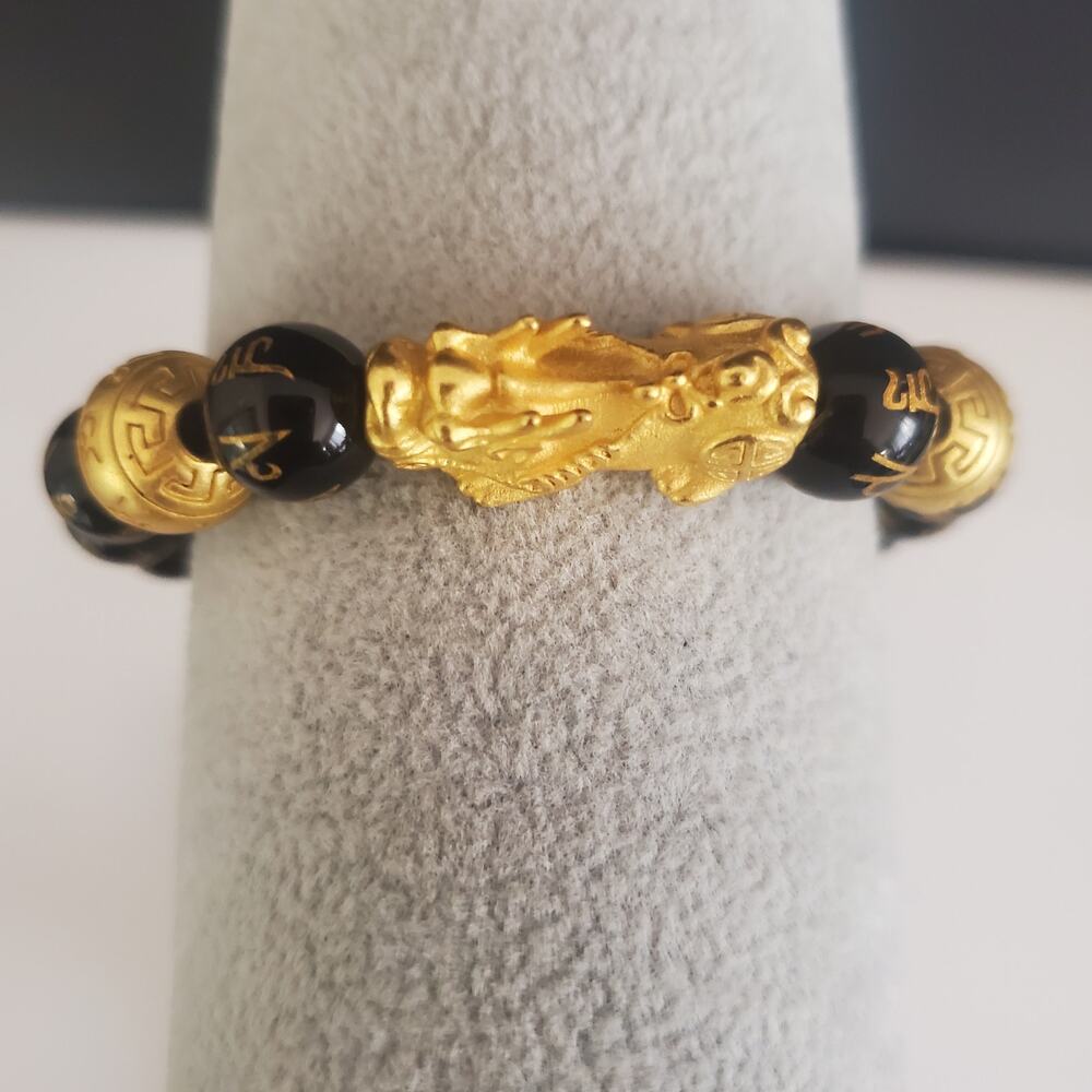 Chinese Piyao Feng Shui Dragon Pixiu Obsidian Black Beads Charm‎ Bracelet Wealth